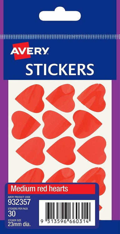 Avery Red Multi-Purpose Stickers Medium Hearts 30 Pack