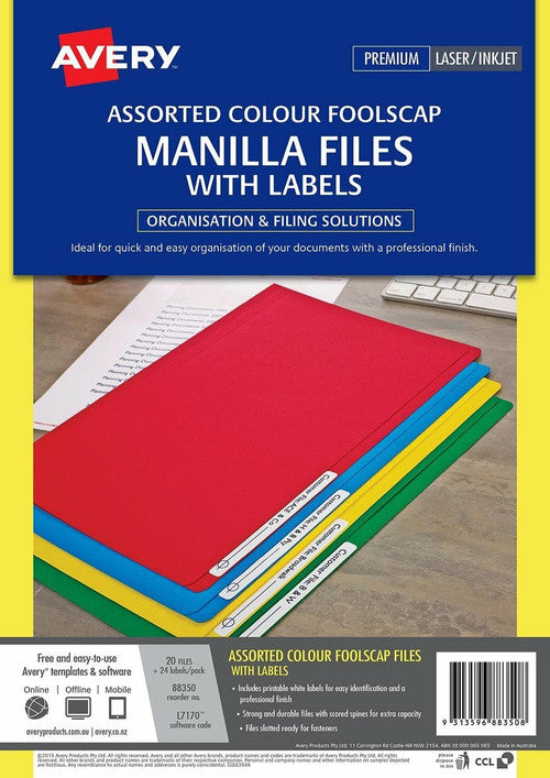 Avery Assorted Manilla File with 1 Sheet of 24 Laser File Title Labels Foolscap 20 Pack