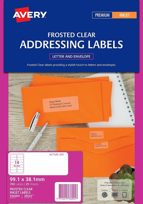 Avery Clear with Matt Finish Address Labels J8563 350 Pack 99.1 x 38.1mm 14UP