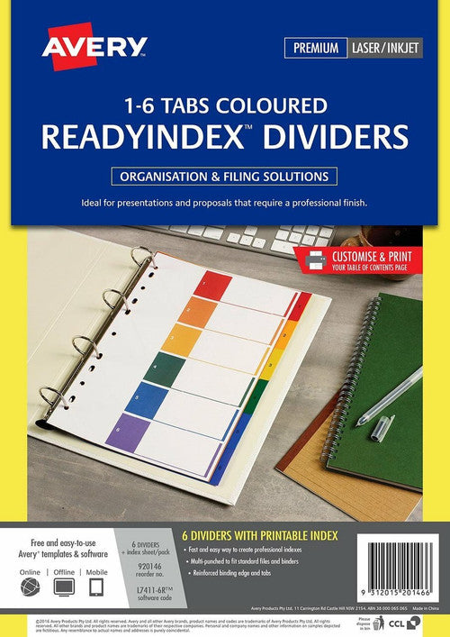 Avery Multi-Coloured Polypropylene ReadyIndex Dividers 1-6 Index