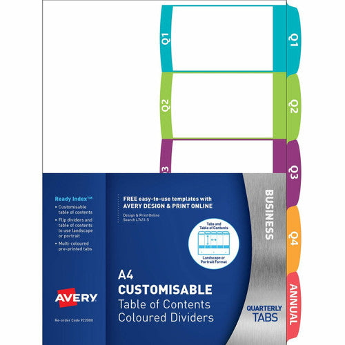 Avery Customisable Table of Contents Dividers Quarterly Tabs Landscape Portrait Ready Index 922000 L7411-5