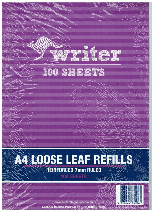 Writer A4 Reinforced Binder Refills 7mm Ruled Pack of 100 Sheets