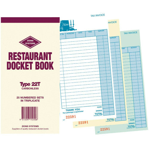Zions 22T Carbonless Triplicate Restaurant Docket Book