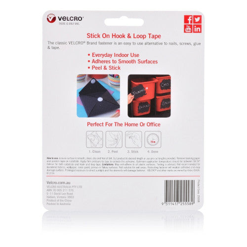 Velcro Brand Stick On Hook and Loop Tape Rectangles 25mm x 50mm Black Pack of 6 Sets