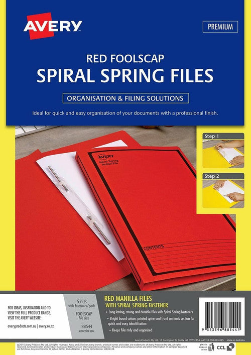 Avery Red Spiral Spring Action File Black Print Foolscap 5 Pack