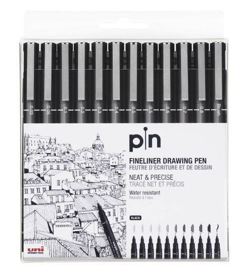 Uni Pin Fineliner Drawing Pen Black Wallet Set of 12