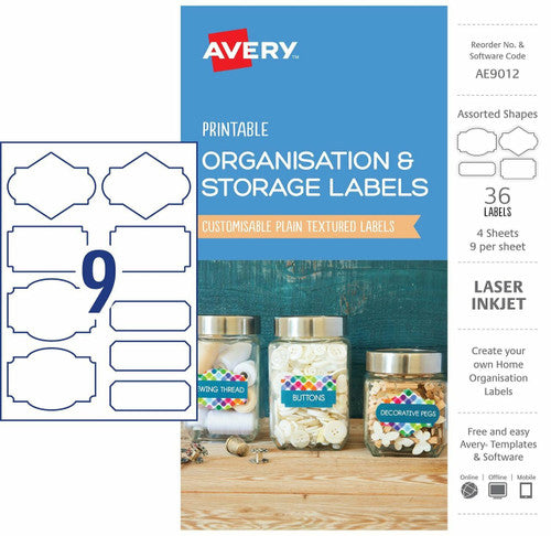 Avery Textured White Organisation and Storage Labels AE9012 Assorted 36 Pack 9UP