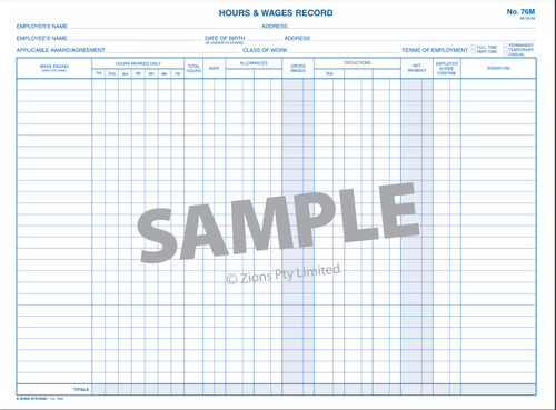 Zions Hours and Wages Record Book Medium
