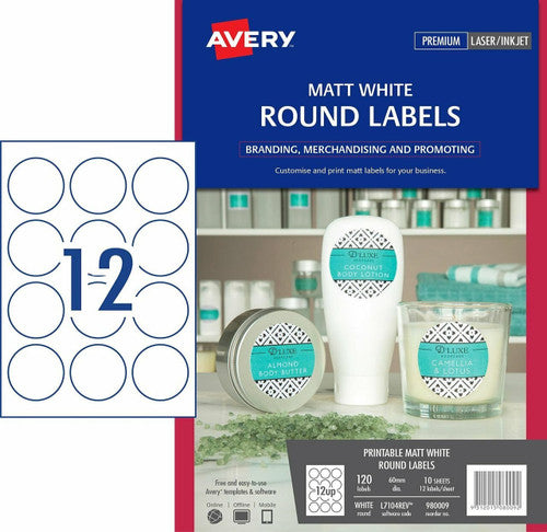 Avery White Round Removable Product Labels L7104REV 120 Pack 60mm Diameter 12UP