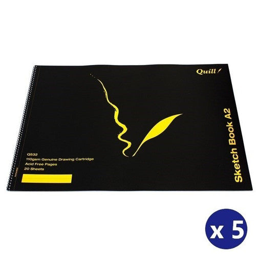 Quill Q Series Sketch Book PP Short Bound 110gsm A2 20 Sheets Black Pack of 5
