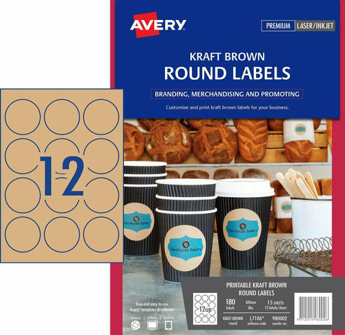 Avery Kraft Brown Round Labels L7106 180 Pack 60mm Diameter 12UP
