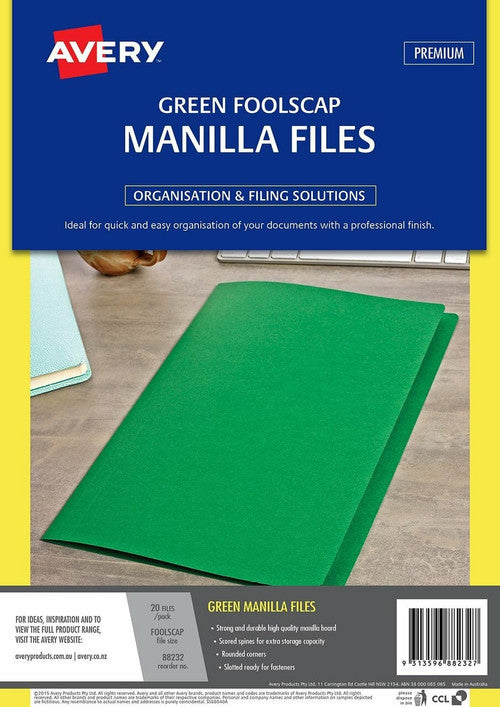 Avery Manilla Folders Foolscap Pack 20 Green