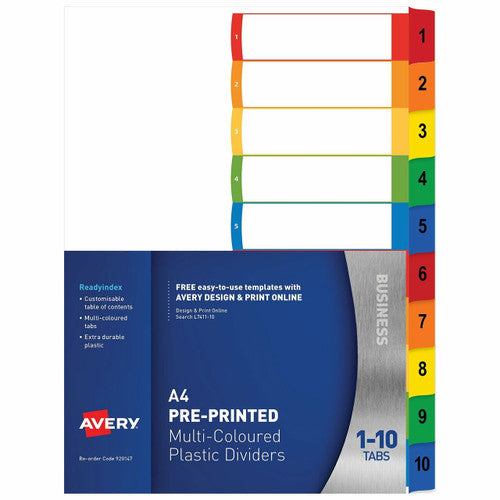 Avery Multi-Coloured Polypropylene ReadyIndex Dividers 1-10 Index