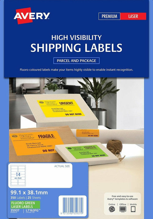 Avery Fluoro Green Signalling Labels L7163FG 350 Pack 99.1 x 38.1mm 14UP