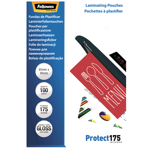 Fellowes Glossy 175 Micron Laminating Pouches 65x95mm 100 Pack