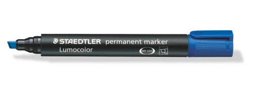 Staedtler Lumocolor 350-3 permanent blue chisel marker showing 2-7mm chisel tip and blue cap
