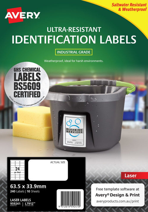 Avery Ultra-Resistant Chemical Grade Labels 63.5 x 33.9mm Laser Extra Strong Permanent 240 Labels 10 Sheets 24UP
