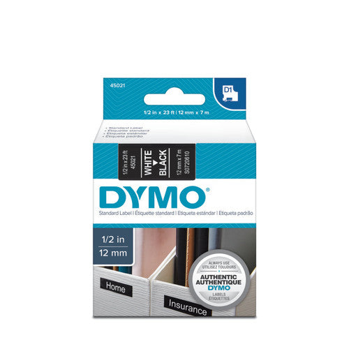 Dymo D1 label tape 12mm x 7m white on black high contrast for dark equipment and electrical panel labelling