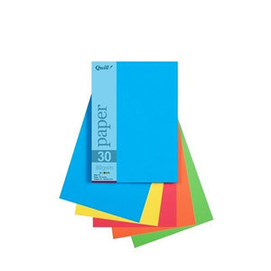 Quill A5 80gsm coloured paper in bright assorted, pack in its printed paper 30 sleeve on fanned blue, yellow, red, orange and green sheets