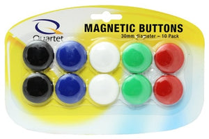 The QTTMB30ASSTD pack: a Quartet card printed Magnetic Buttons, 30mm diameter, 10 Pack, holding 2 each of black, blue, white, green and red buttons under a clear blister on a yellow backing.