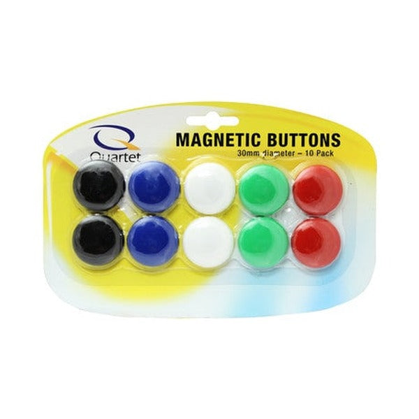 The QTTMB30ASSTD pack: a Quartet card printed Magnetic Buttons, 30mm diameter, 10 Pack, holding 2 each of black, blue, white, green and red buttons under a clear blister on a yellow backing.