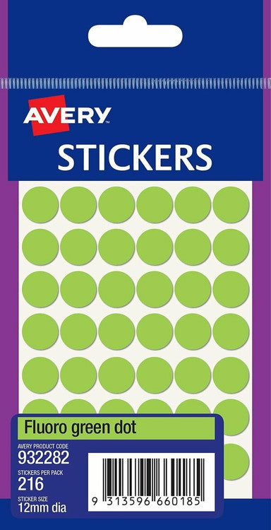 Avery Fluoro Green Multi-Purpose Stickers Circle 12mm 216 Pack