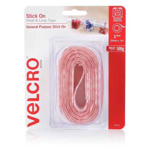 Velcro Brand Stick On Hook and Loop Tape 25mm x 1m White Roll