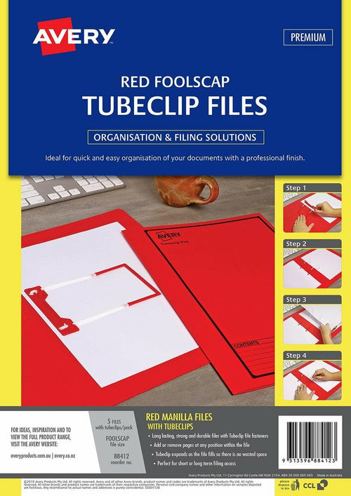 Avery Red Tubeclip File Black Print Foolscap 5 Pack