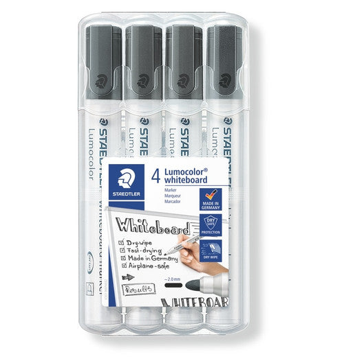 Staedtler Lumocolor 351-9 WP4 whiteboard marker black wallet of 4 showing stand-up desk wallet with bullet tip refillable markers