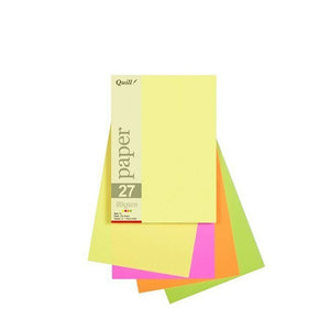 Quill A5 80gsm coloured paper in fluoro assorted, pack in its printed paper 27 sleeve on fanned yellow, pink, orange and green sheets