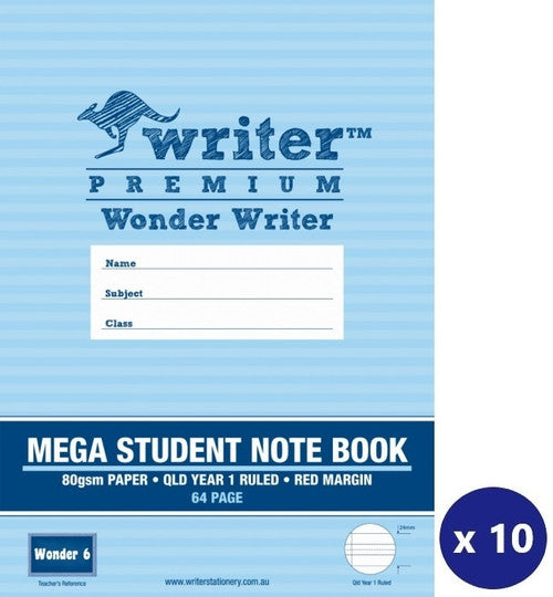 Writer Premium Wonder Writer A4 64 Page QLD Year 1 Ruled 80gsm Mega Student Notebook Pack 10 — front cover