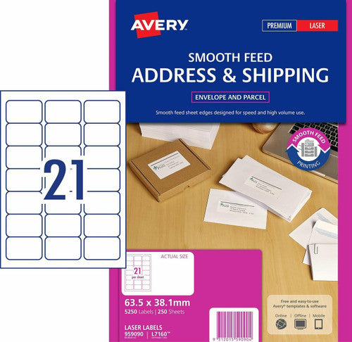 Avery White Address Smooth Feed Edge Labels L7160 5250 Pack 63.5 x 38.1mm 21UP