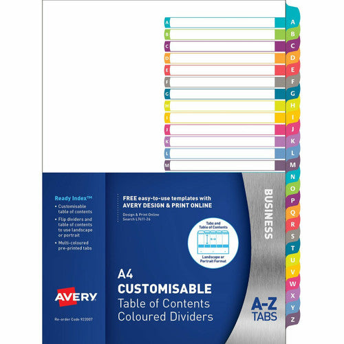 Avery Customisable Table of Contents Dividers A-Z Tabs Landscape Portrait Ready Index 922007 L7411-26