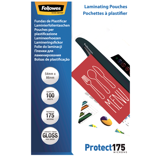Fellowes Glossy 175 Micron Laminating Pouches 54x86mm 100 Pack