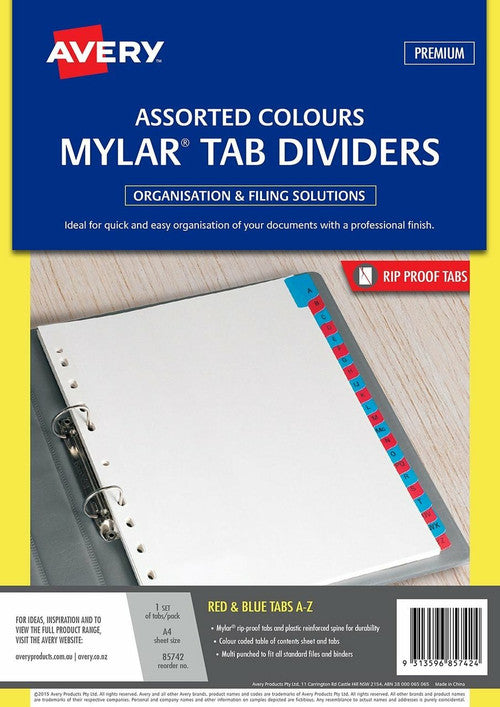 Avery Divider A-Z Index White Manilla A4 with Red and Blue Mylar Tabs