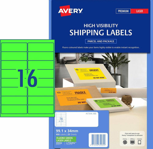 Avery Fluoro Green Signalling Labels L7162FG 400 Pack 99.1 x 34mm 16UP