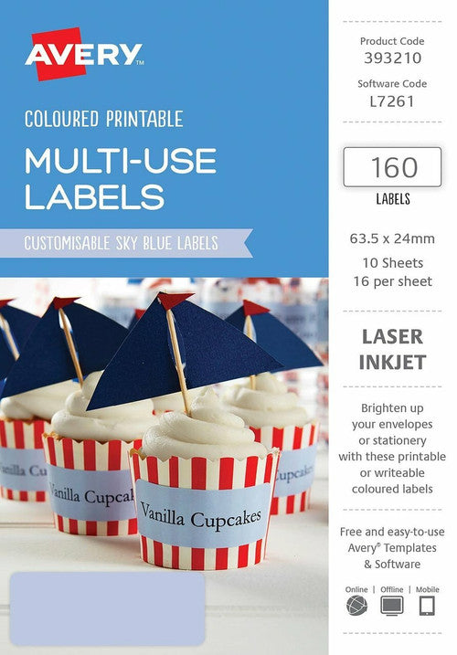 Avery Multi-Use Sky Blue Coloured Labels 63.5 x 24mm Laser Inkjet Permanent 160 Labels 10 Sheets