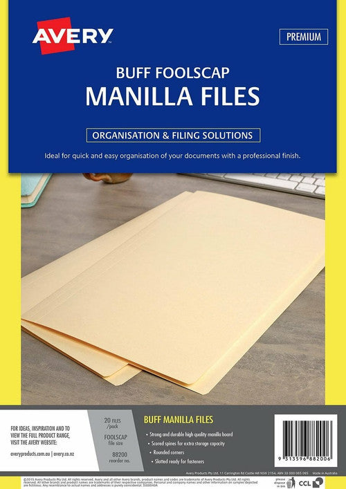 Avery Manilla File Foolscap Buff Pack 20