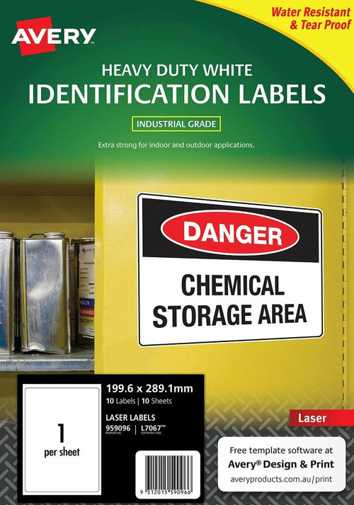 Avery Durable Heavy Duty Labels L7067 10 Pack 199.6 x 289.1mm 1UP