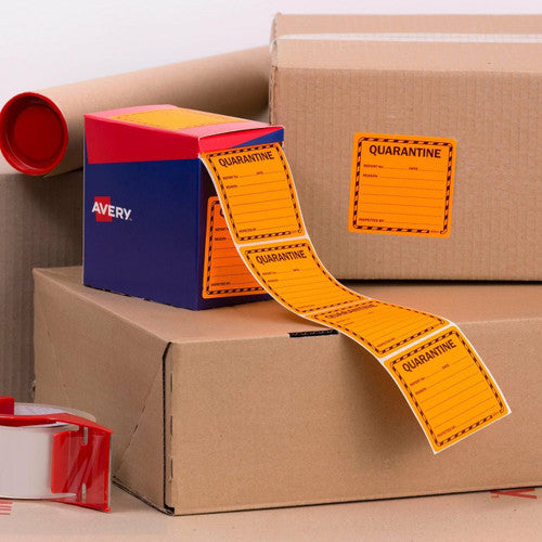 Avery Quarantine Fluoro Orange Labels 1000 Roll 75 x 74.2mm
