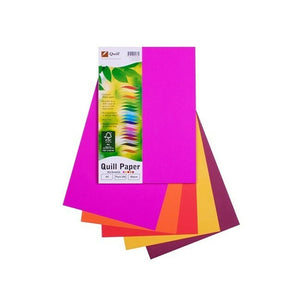 Quill Coloured Paper 80gsm A4 Hot Assorted Pack of 100: resealable Quill Paper pack shown in front of fanned A4 sheets in the Hot Assorted colours