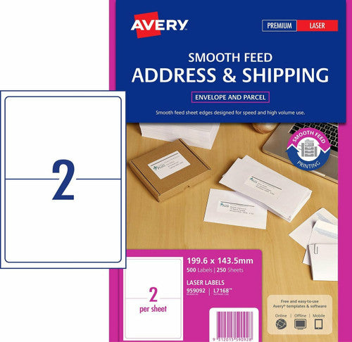 Avery White TrueBlock Shipping Labels L7168 500 Pack 199.6 x 143.5mm 2UP