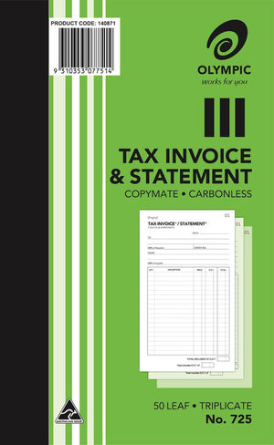 Olympic Invoice and Statement Book 725 Carbonless Triplicate 50 Leaf 200 x 125mm