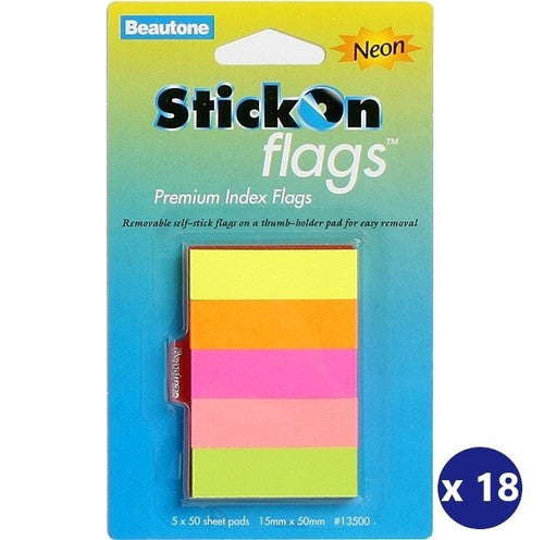 BEAUTONE 100852298 STICK ON FLAGS 15MM X 50MM 5 PADS X 50 SHEETS NEON ASSORTED BOX 18