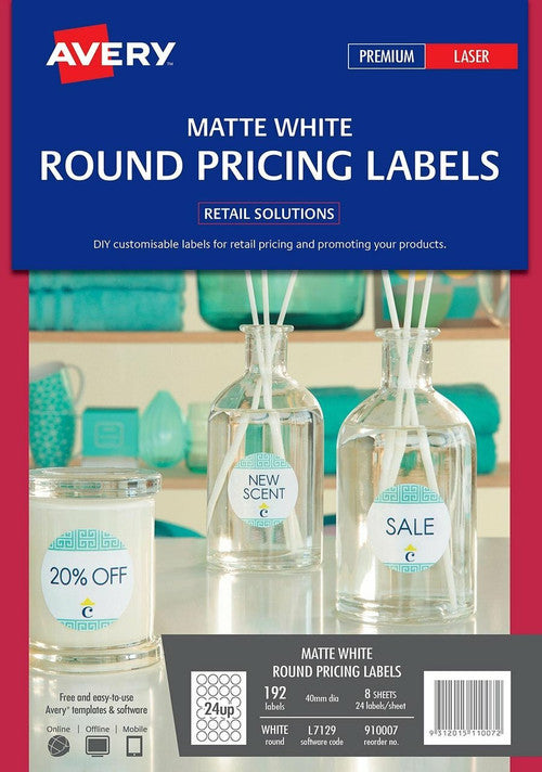 Avery Matte White Round Pricing Labels L7129 192 Pack 40mm Diameter 24UP