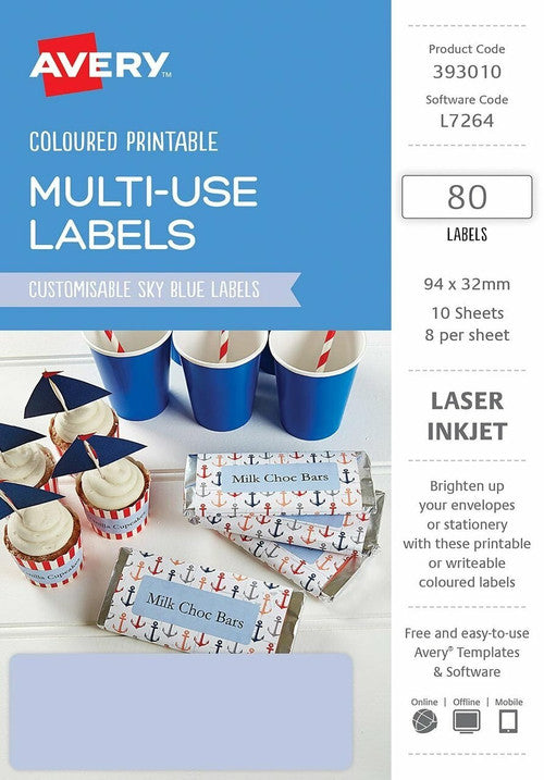 Avery Multi-Use Sky Blue Coloured Labels 94 x 32mm Laser Inkjet Permanent 80 Labels 10 Sheets