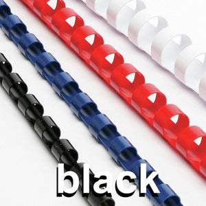 Red, blue, black and white plastic binding combs with the word black printed across the photo