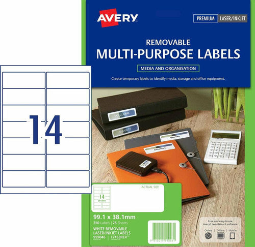Avery White Removable Labels L7163REV 350 Pack 99.1 x 38.1mm 14UP