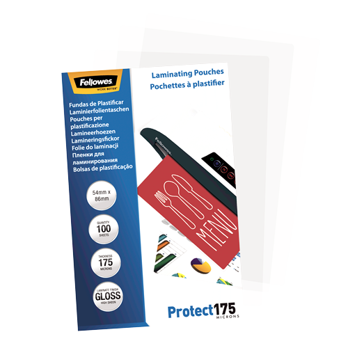 Fellowes Glossy 175 Micron Laminating Pouches 54x86mm 100 Pack