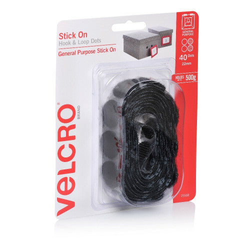 Velcro Brand Stick On Hook and Loop Dots 22mm Black Pack of 40